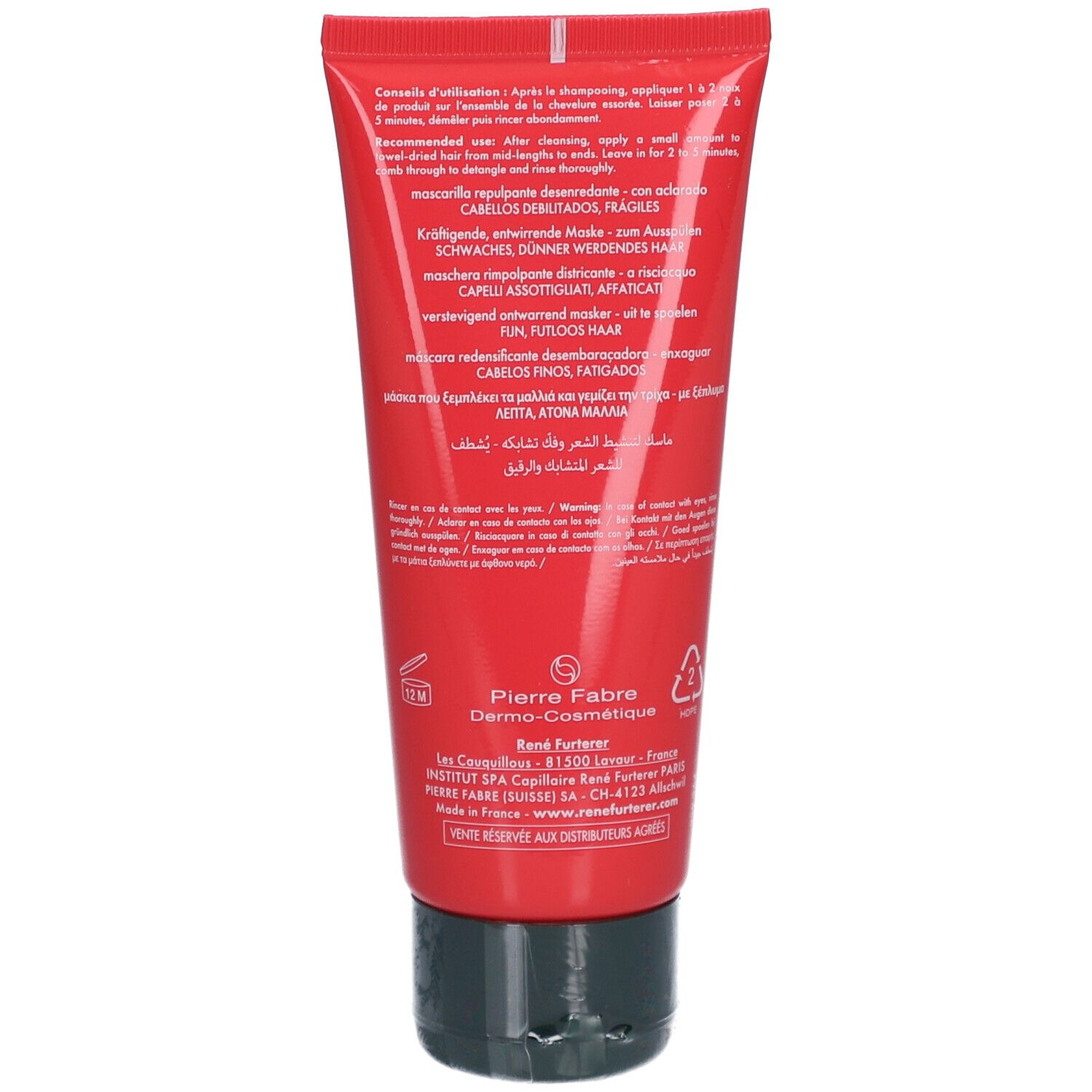 Rote Tube, Rückseite mit Text in mehreren Sprachen. Marke: René Furterer. Hersteller: Pierre Fabre.