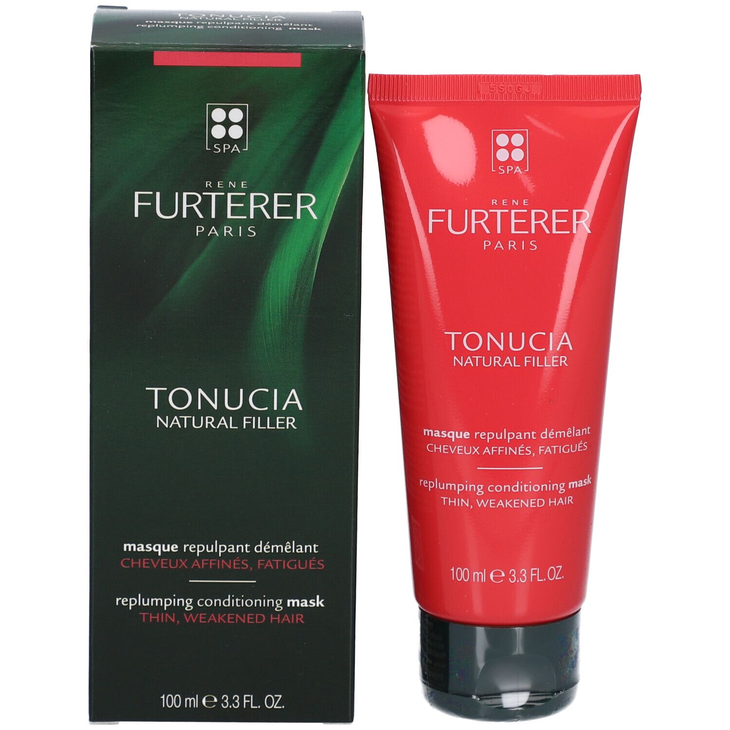 Produktverpackung mit Tube. Grüne Schachtel und rote Tube. Aufschrift: René Furterer Paris, Tonucia Natural Filler.