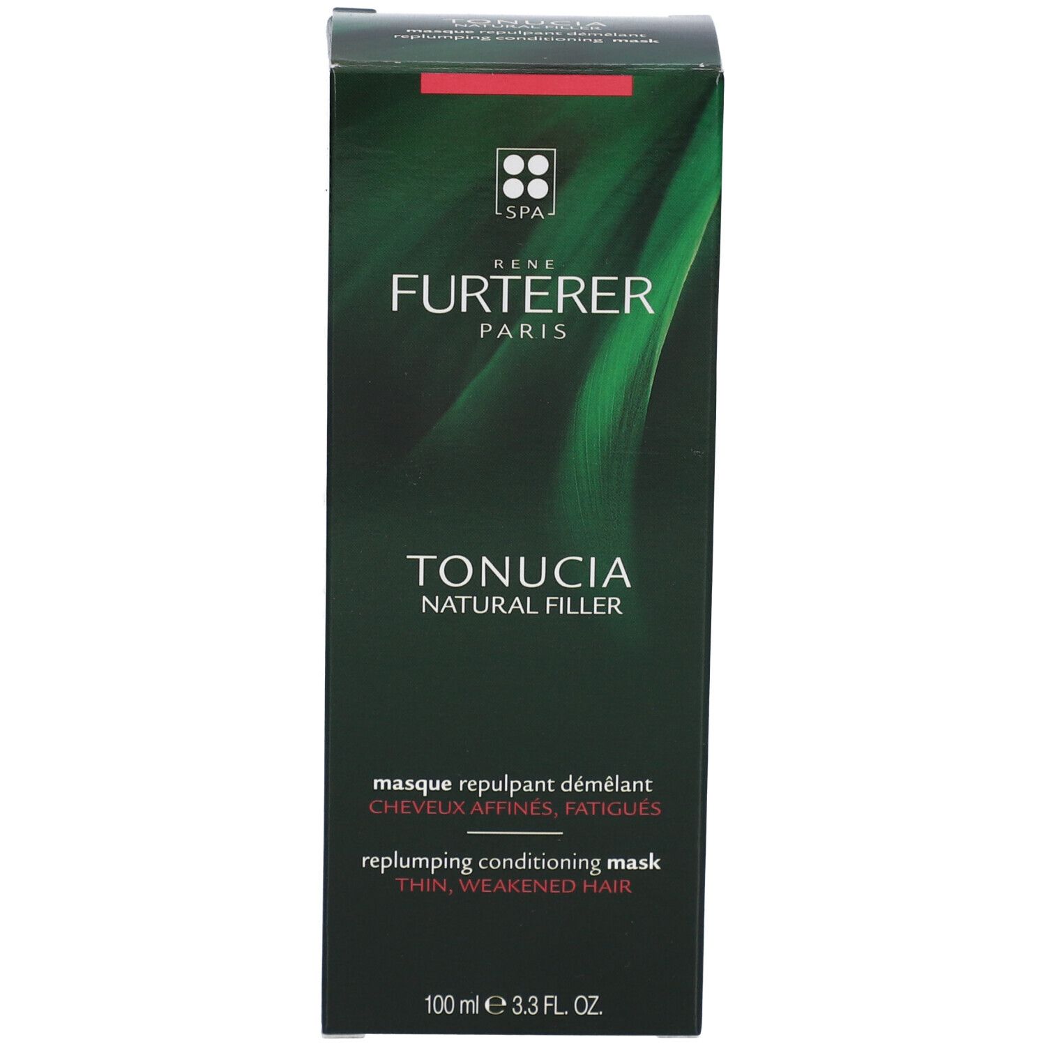 Grüne Schachtel mit weißer Schrift. Aufschrift: René Furterer Paris, Tonucia Natural Filler. Text in Französisch und Englisch.