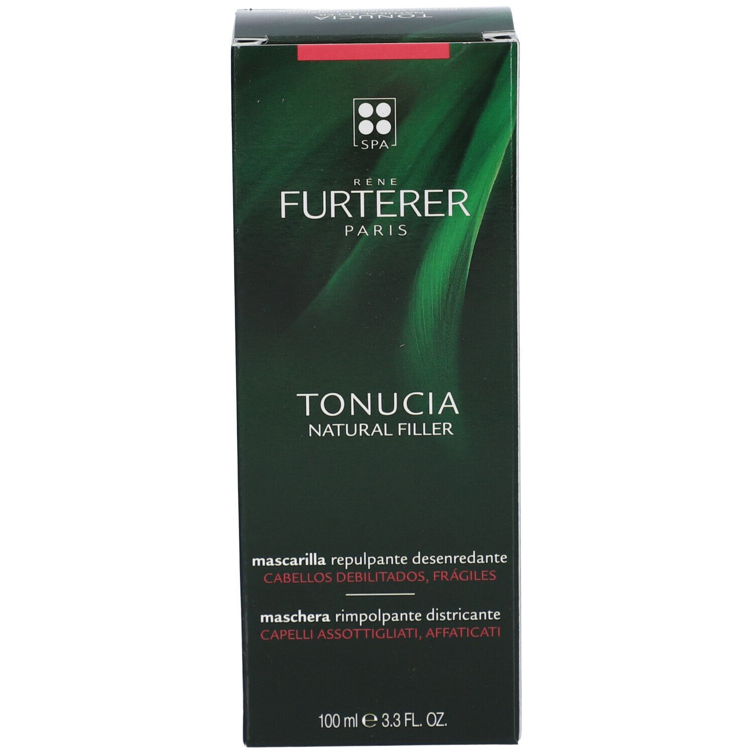 Grüne Schachtel, Vorderseite mit weißer Schrift. Aufschrift: René Furterer Paris, Tonucia Natural Filler. Text in mehreren Sprachen.