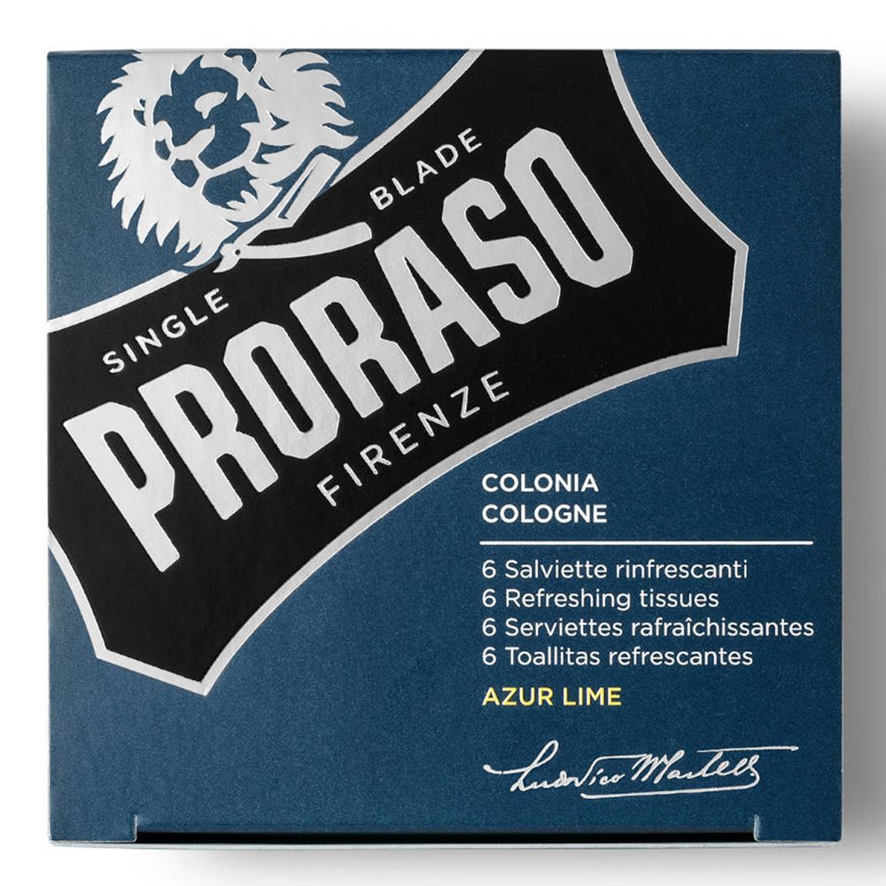 Dunkelblaue Schachtel mit weißem Logo und Text. Enthält 6 Erfrischungstücher. Text: Proraso, Firenze, Azur Lime.
