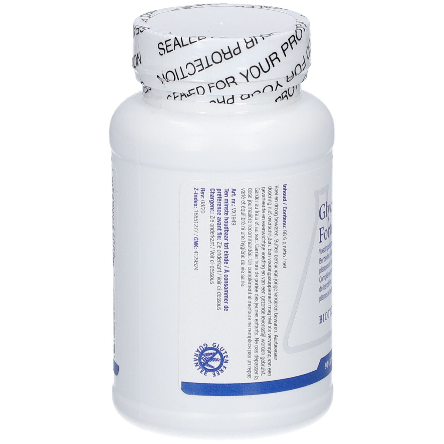 Rückseite einer weißen Flasche. Text in mehreren Sprachen. "Glycozyme Forte". Biotics Research Logo. 90 Kapseln.