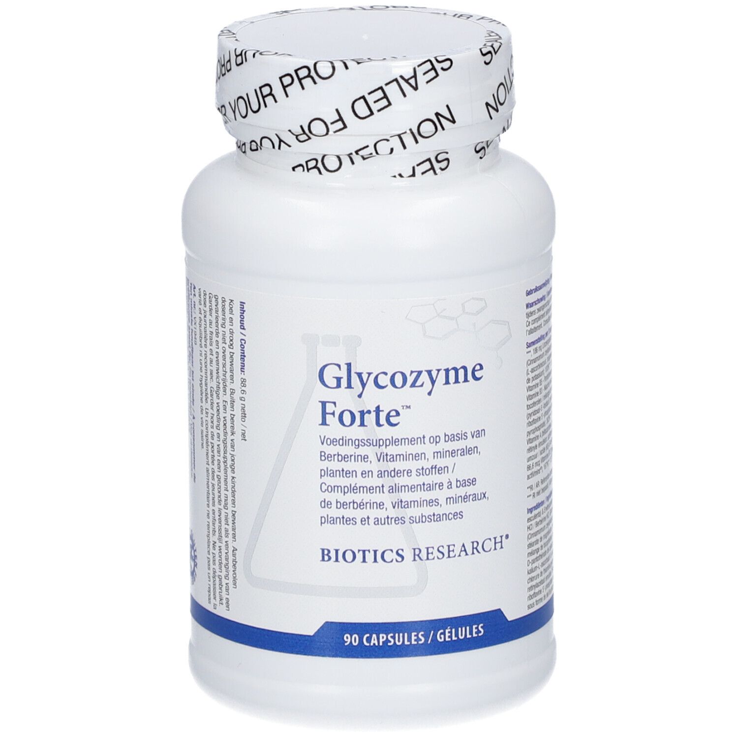 Weiße Flasche mit "Glycozyme Forte"-Aufschrift. 90 Kapseln. Biotics Research Logo. Verschluss mit "SEALED FOR YOUR PROTECTION".