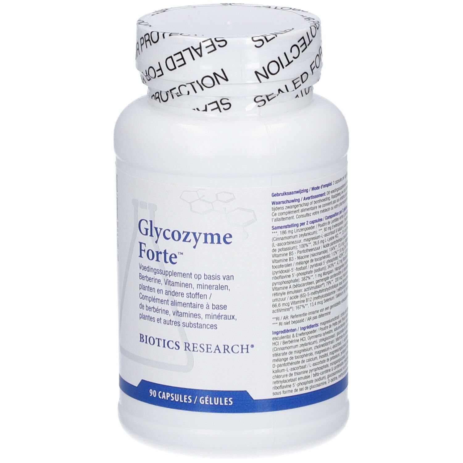 Weiße Flasche mit "Glycozyme Forte"-Aufschrift. 90 Kapseln. Biotics Research Logo. Verschluss mit "SEALED FOR YOUR PROTECTION".