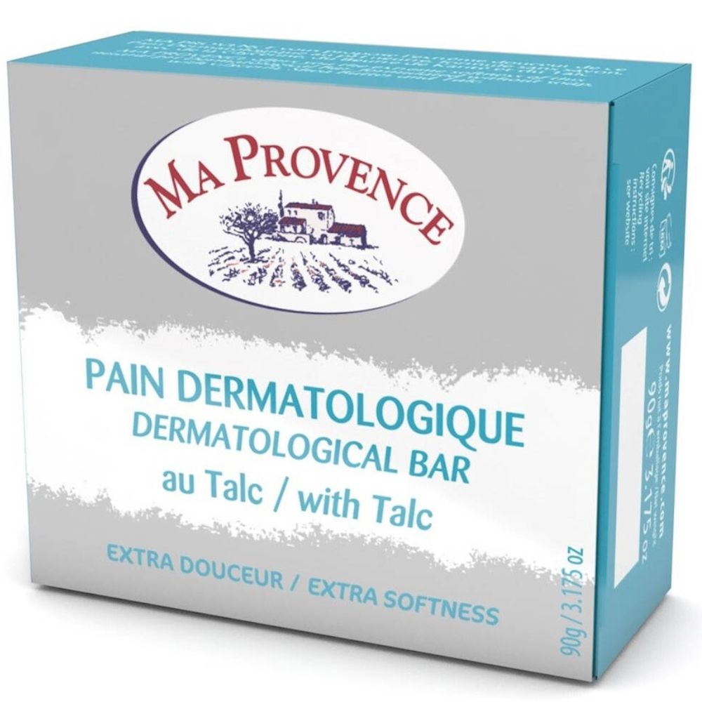 Verpackung von MA PROVENCE® Dermatologisches Seife. Graue Schachtel mit blauen Akzenten. Text: Pain Dermatologique au Talc.