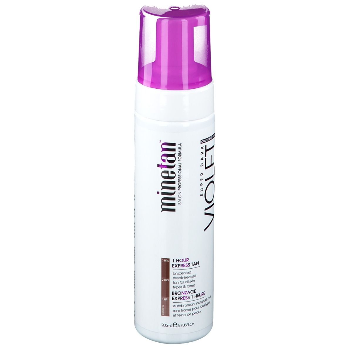 Weiße Flasche mit lila Verschluss, MInetan Violet Super Dark Express Tan, 200ml.