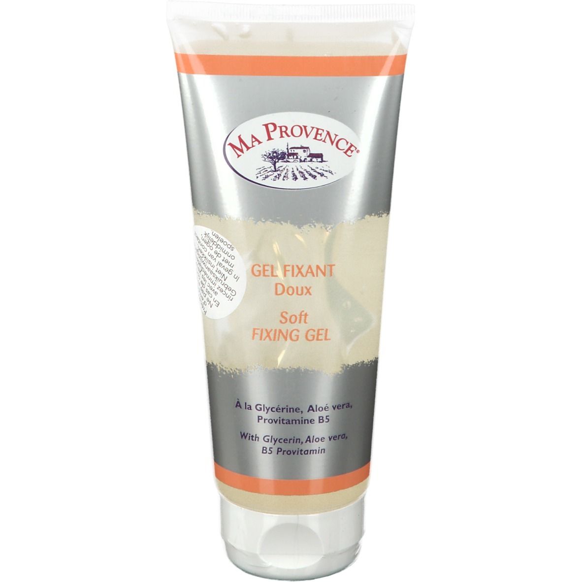 Tube de gel coiffant. Marque MA PROVENCE. Texte: GEL FIXANT Doux Soft FIXING GEL. Avec glycérine, aloe vera, provitamine B5.