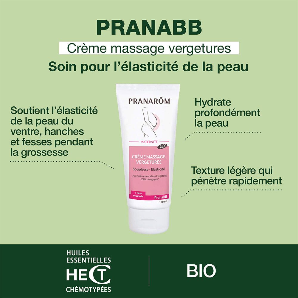 Pranarôm PranaBB Creme. Massagecreme für Schwangerschaft. Unterstützt die Hautelastizität. Bio-Zertifizierung.