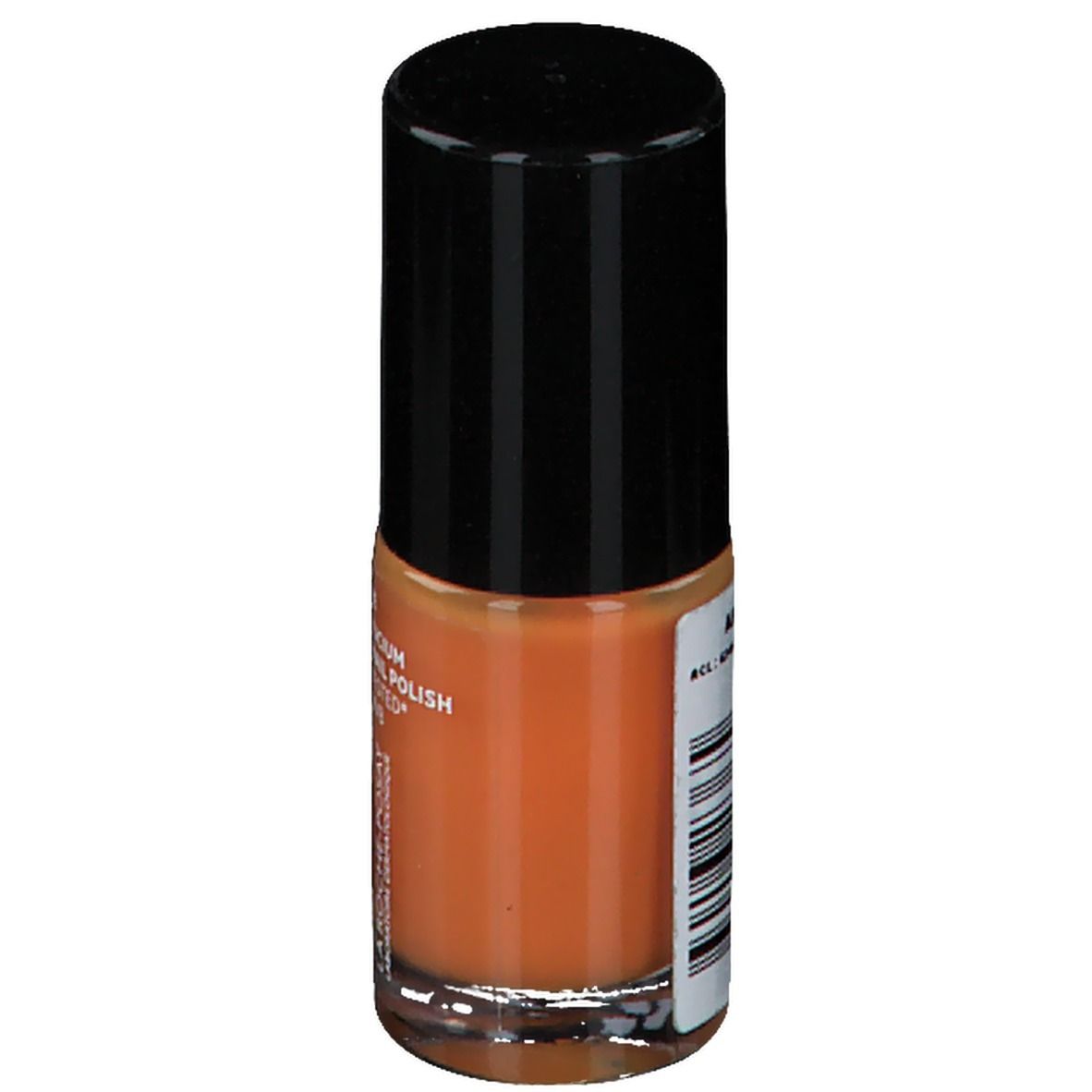 Nagellackflasche, orangefarben. Schwarzer Deckel. Barcode und Text auf Etikett. Produktname nicht lesbar.