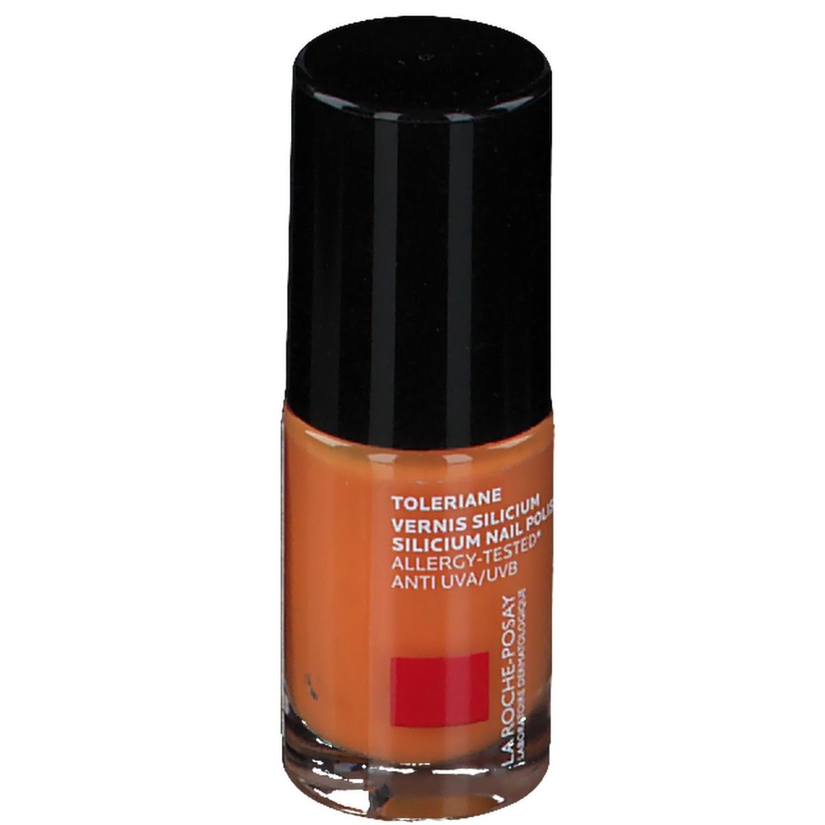 Nagellackflasche, orangefarben. Schwarzer Deckel. Text: Toleriane, Vernis Silicium, Allergy-Tested, Anti UVA/UVB. Rotes Logo.