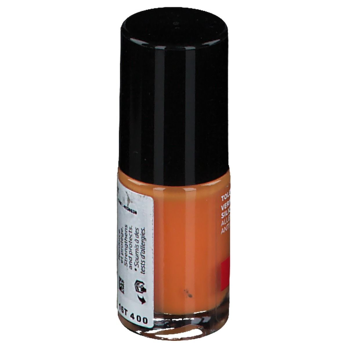 Nagellackflasche, orangefarben. Schwarzer Deckel. Text auf Etikett. Produktname nicht lesbar. Rotes Logo.