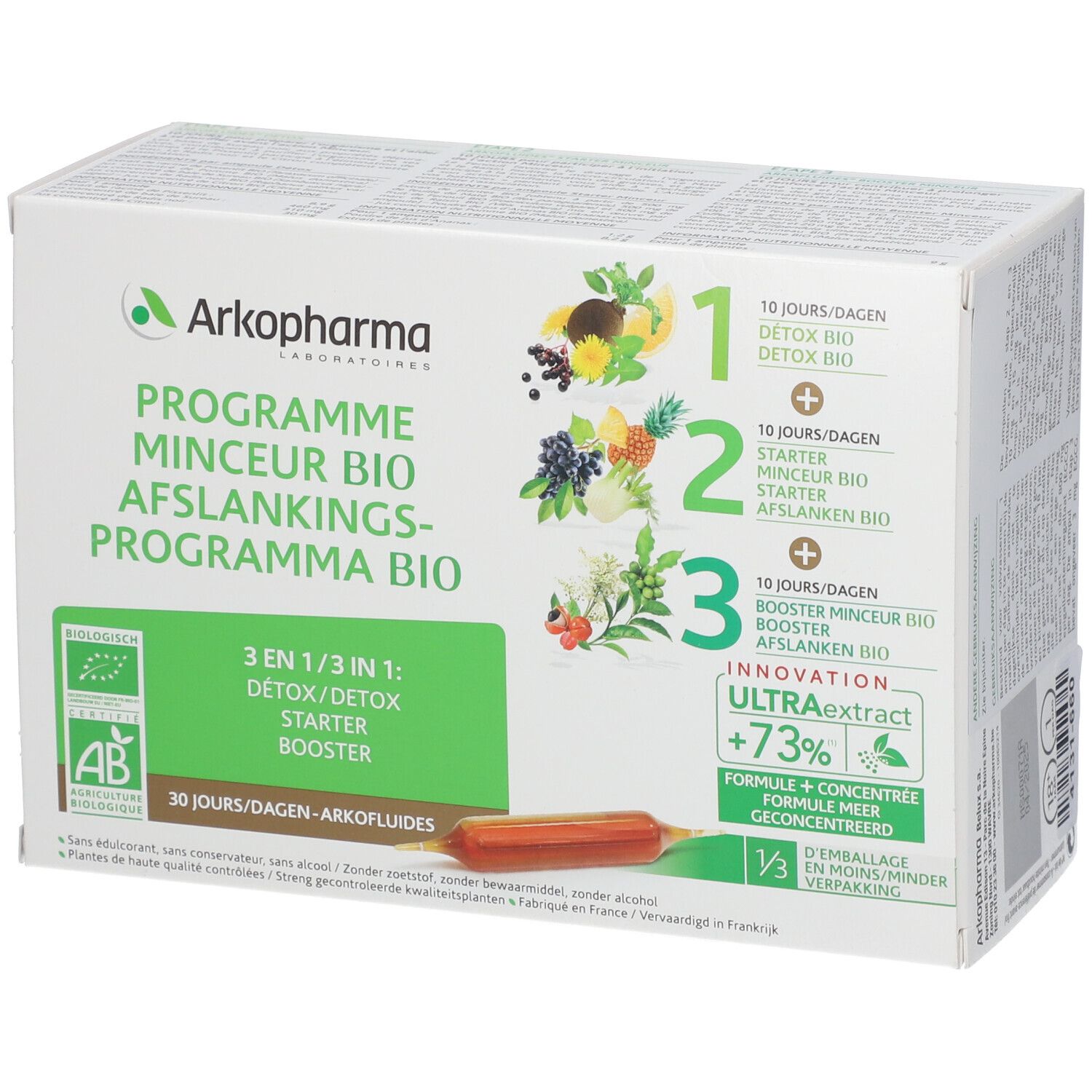Kartonverpackung mit Arkofluides® Programm Minceur Bio. Enthält 30 Ampullen. Mit AB-Bio-Zertifizierung.