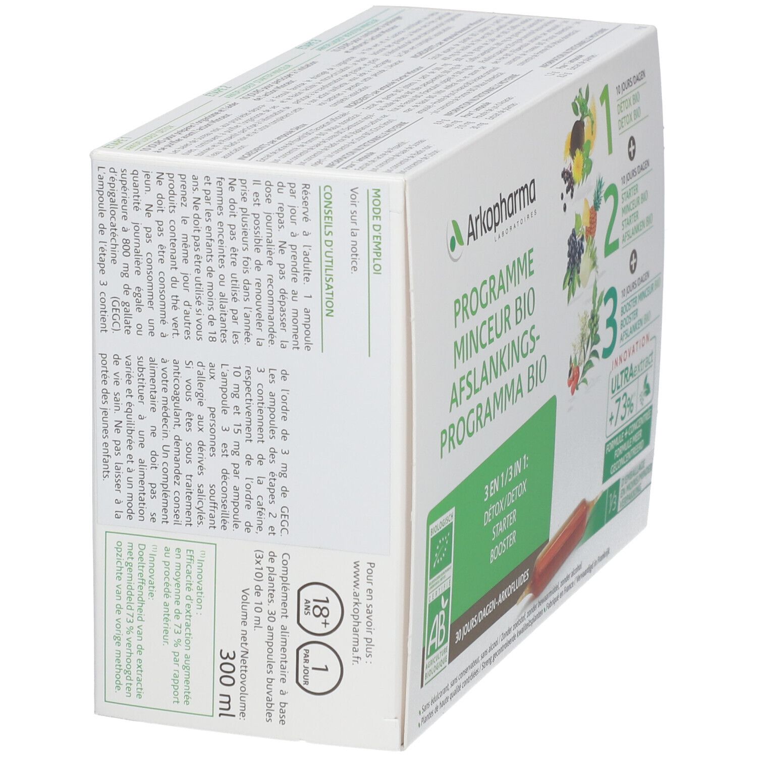 Schrägansicht der Verpackung. Text: Arkopharma, Programme Minceur Bio. Enthält 300 ml. Mit AB-Bio-Zertifizierung.