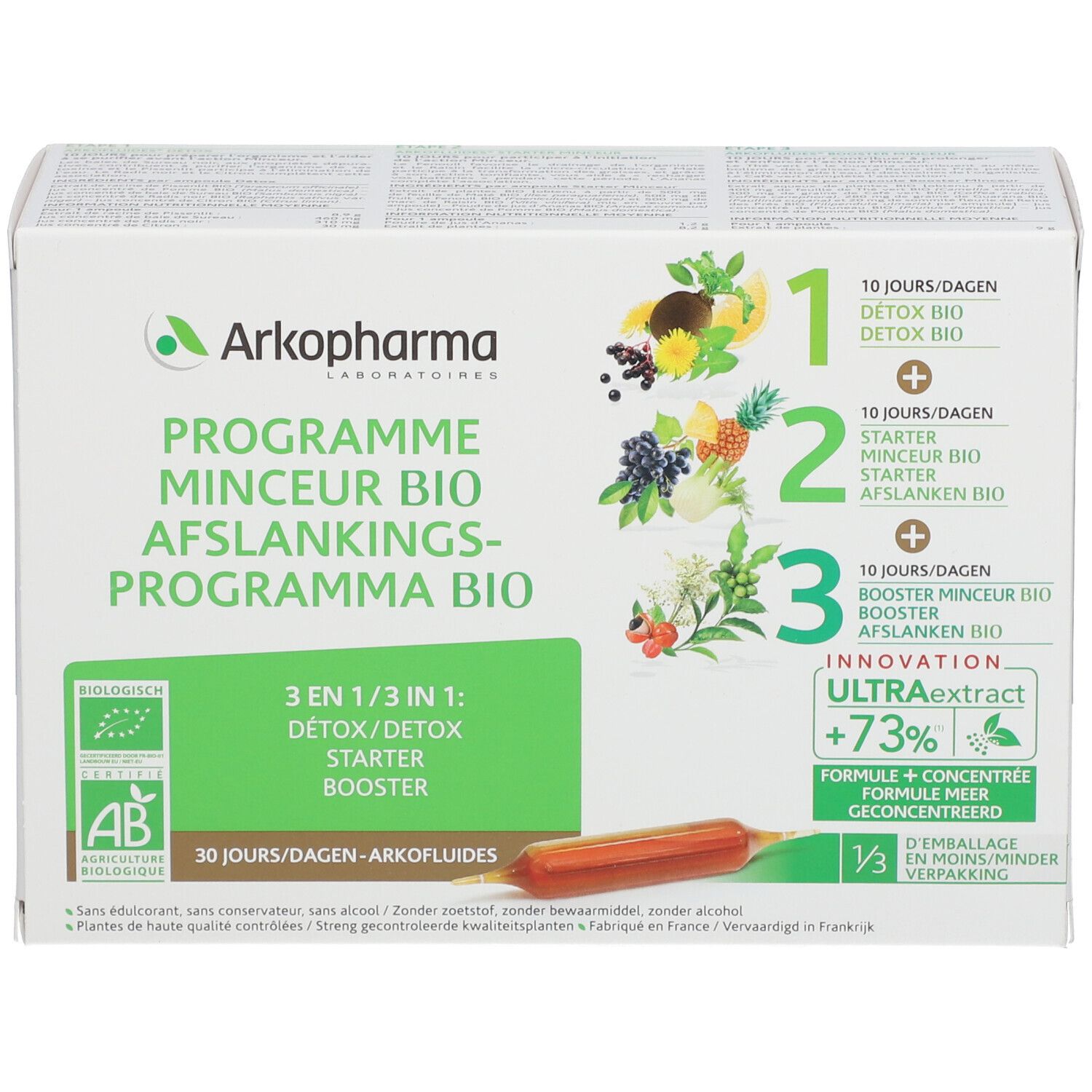 Kartonverpackung mit Arkofluides® Programm Minceur Bio. 30 Ampullen. Mit AB-Bio-Zertifizierung.