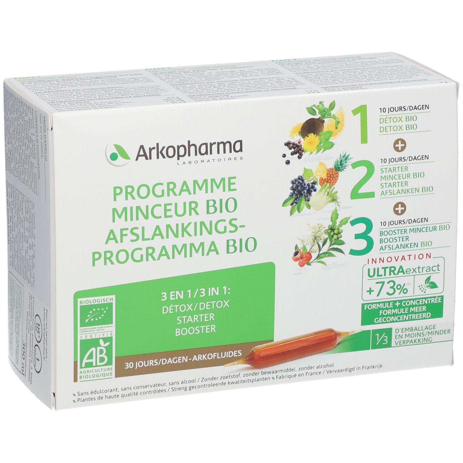 Kartonverpackung mit Arkofluides® Programm Minceur Bio. 30 Ampullen. Mit AB-Bio-Zertifizierung.