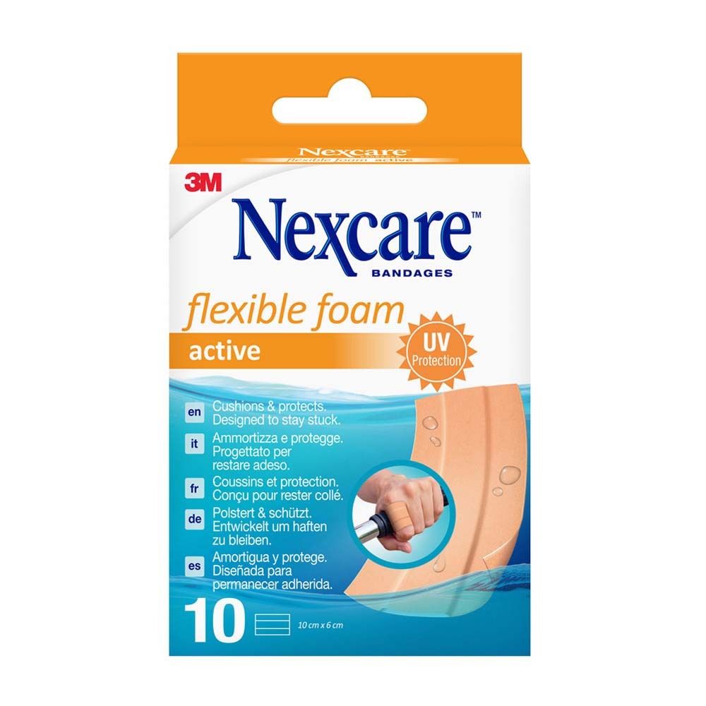 Verpackung mit Nexcare flexiblem Schaumverband. Enthält 10 Verbände, 10 x 6 cm. Text in Deutsch, Englisch, Italienisch, Französisch und Spanisch.