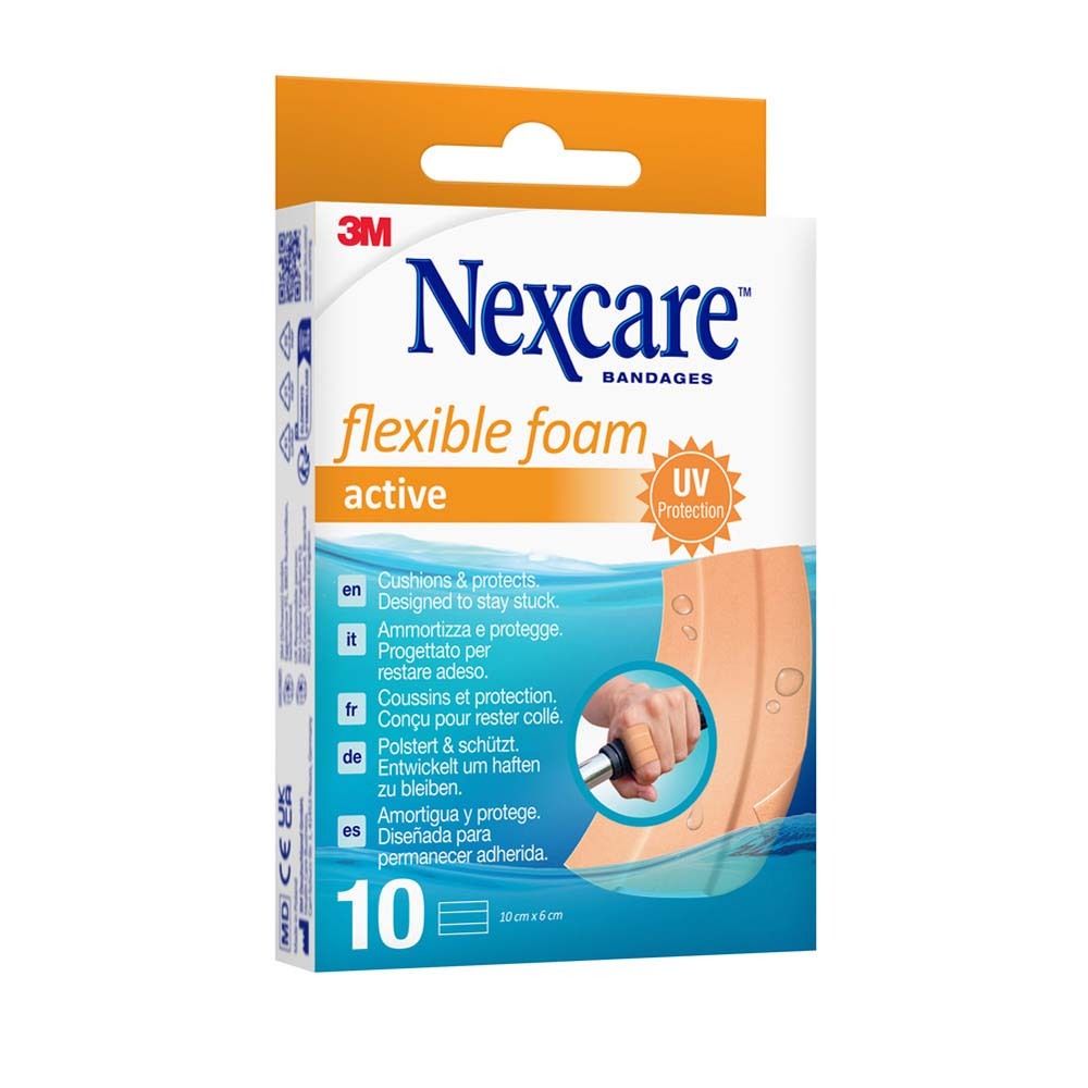 Verpackung mit Nexcare flexiblem Schaumverband. Enthält 10 Verbände, 10 x 6 cm. Mit UV-Schutz.