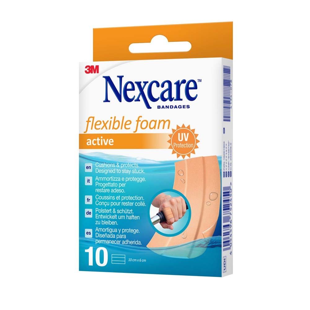 Verpackung mit Nexcare flexiblem Schaumverband. Enthält 10 Verbände, 10 x 6 cm. Mit UV-Schutz.