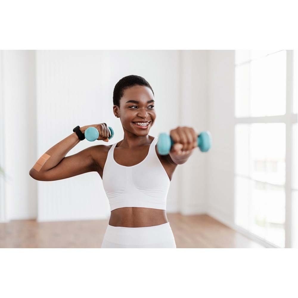 Verpackung mit Nexcare flexiblem Schaumverband. Enthält 10 Verbände, 10 x 6 cm. Mit UV-Schutz.