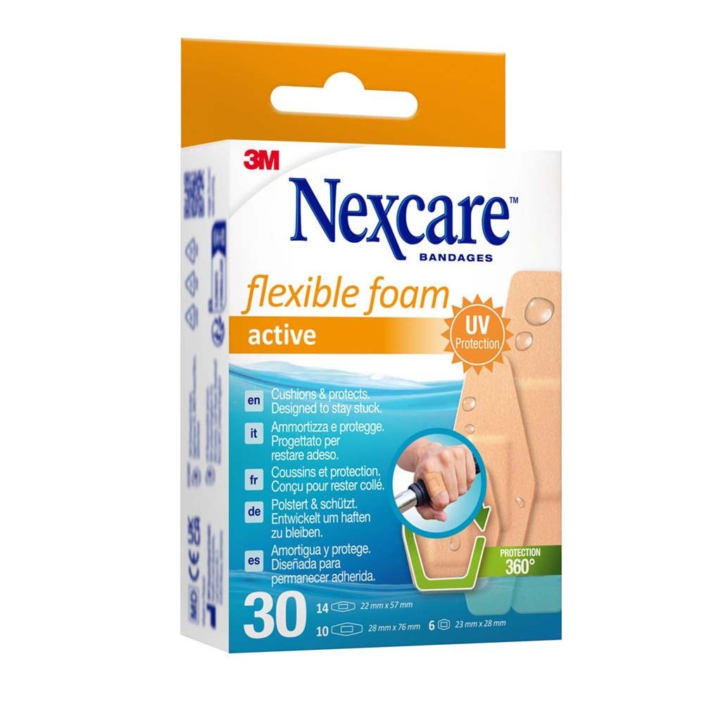 Verpackung mit Nexcare flexiblem Schaumverband active. 30 Pflaster, verschiedene Größen.
