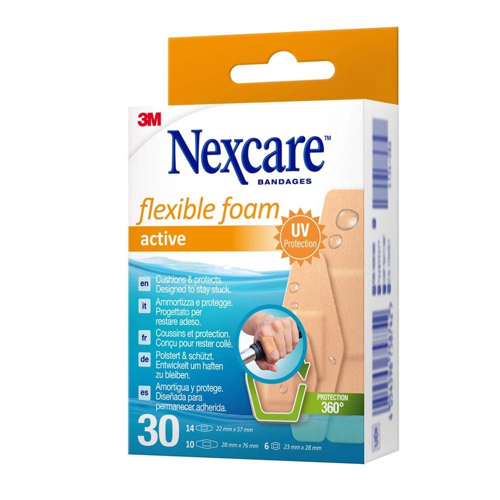 Verpackung mit Nexcare flexiblem Schaumverband active. Seitenansicht.