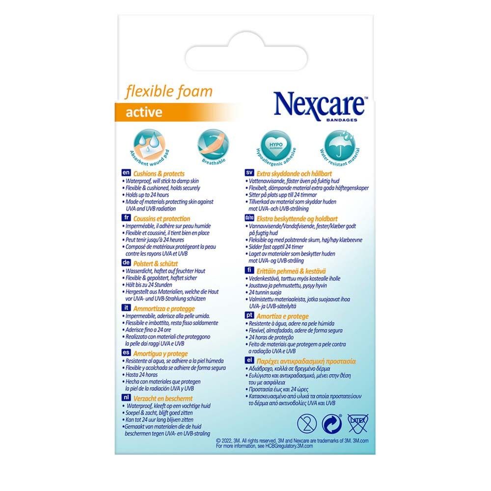 Rückseite der Verpackung mit Informationen zu Nexcare flexiblem Schaumverband active.