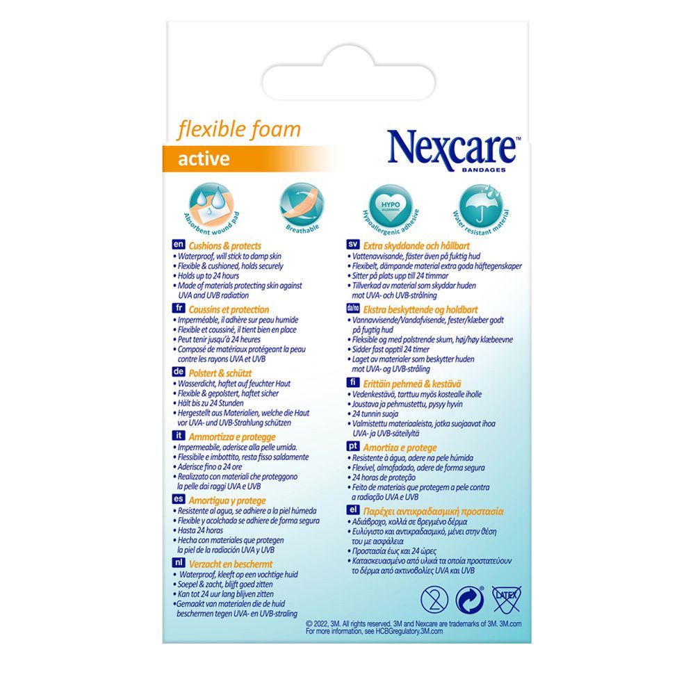Dos de la boîte avec informations sur les pansements Nexcare flexible foam.