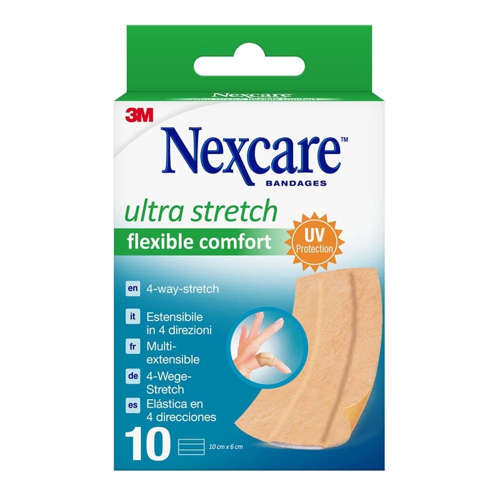 Schachtel mit Nexcare ultra stretch Pflastern. 10 Stück, 6 x 10 cm. Text: 4-Wege-Stretch, UV-Schutz.