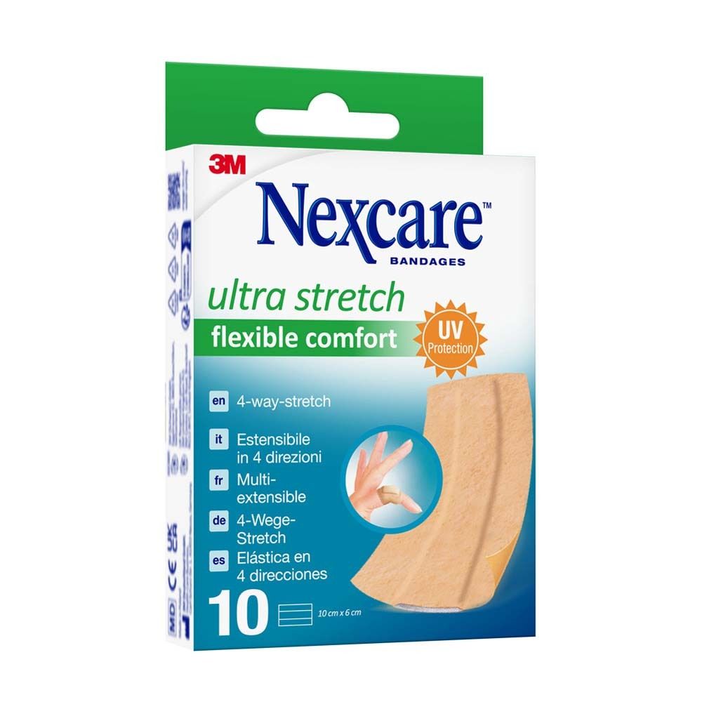 Schachtel mit Nexcare ultra stretch Pflastern. 10 Stück, 6 x 10 cm. Text: 4-Wege-Stretch, UV-Schutz.