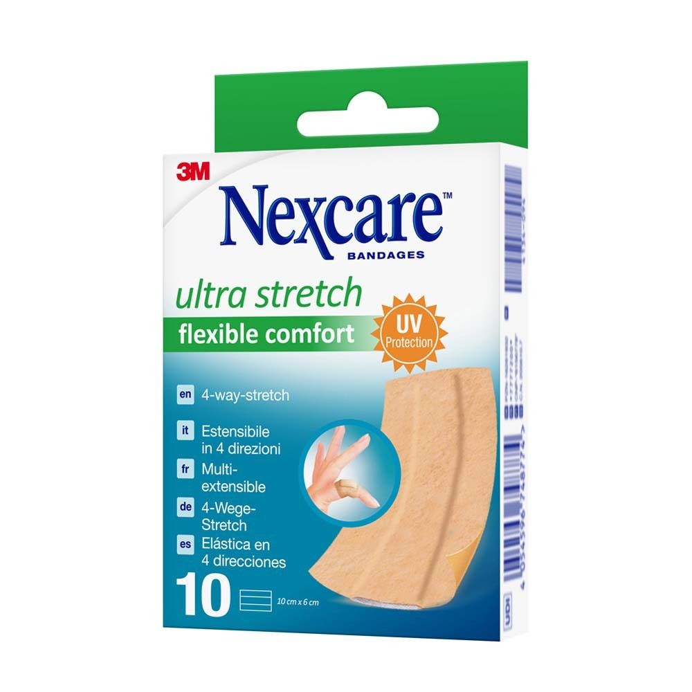 Schachtel mit Nexcare ultra stretch Pflastern. 10 Stück, 6 x 10 cm. Text: 4-Wege-Stretch, UV-Schutz.