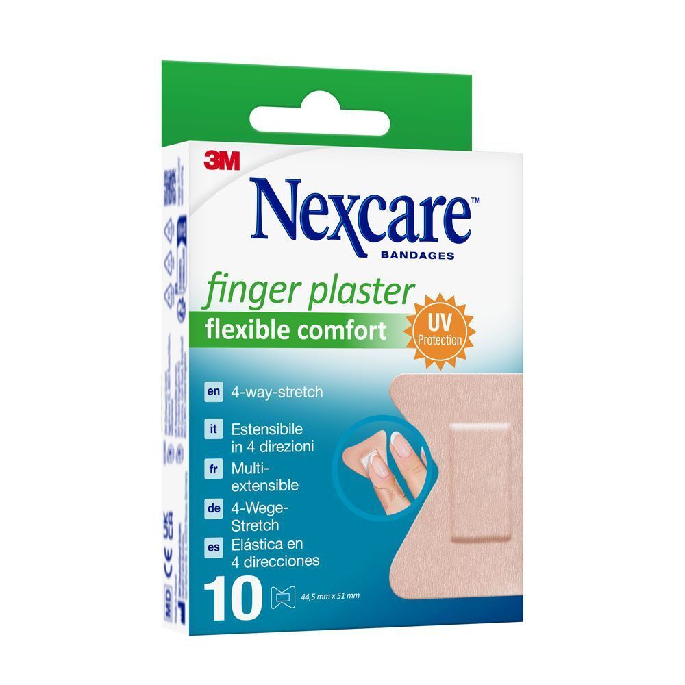 Boîte de pansements pour doigts Nexcare. Design vert et blanc, protection UV. 10 pansements, 44,5 x 51 mm.