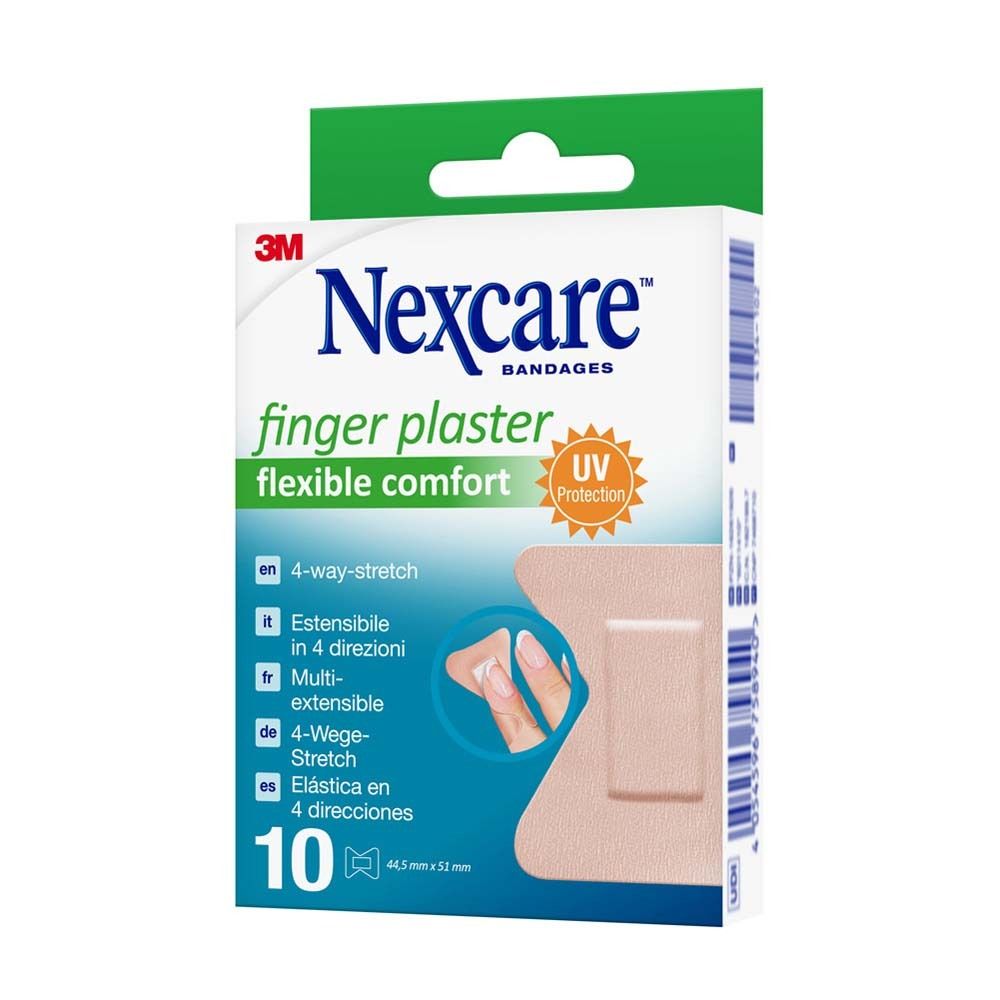 Schachtel mit Nexcare Fingerpflaster. 10 Stück. Flexible Comfort. 44,5 x 51 mm. UV-Schutz.
