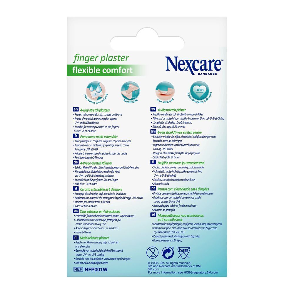 Dos de la boîte de pansements pour doigts Nexcare. Informations produit multilingues. Protection UV.