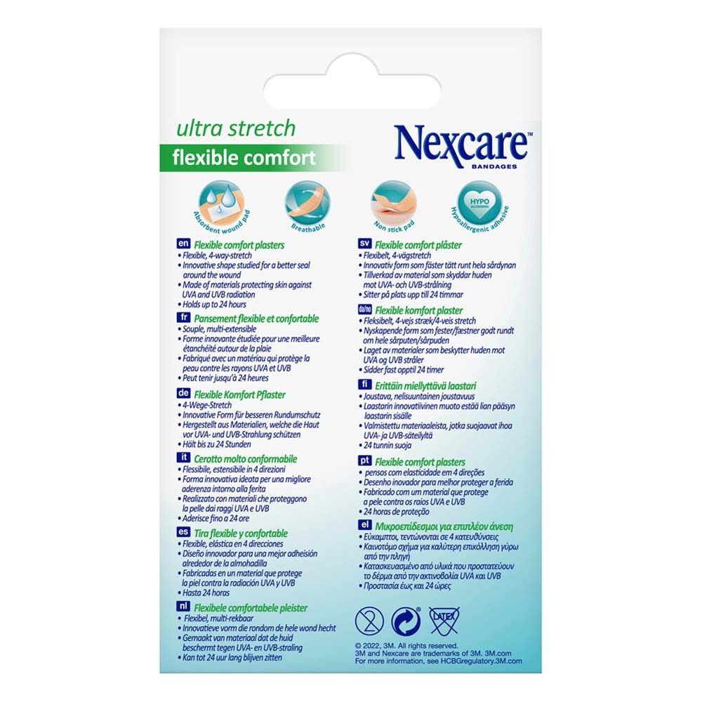 Rückseite der Nexcare ultra stretch Pflasterbox. Informationen zu den Pflastern in verschiedenen Sprachen.