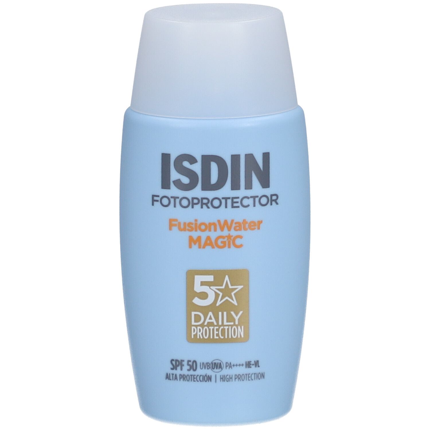 ISDIN Fotoprotector FusionWater MAGIC. Blaue Flasche mit weißem Deckel. SPF 50.