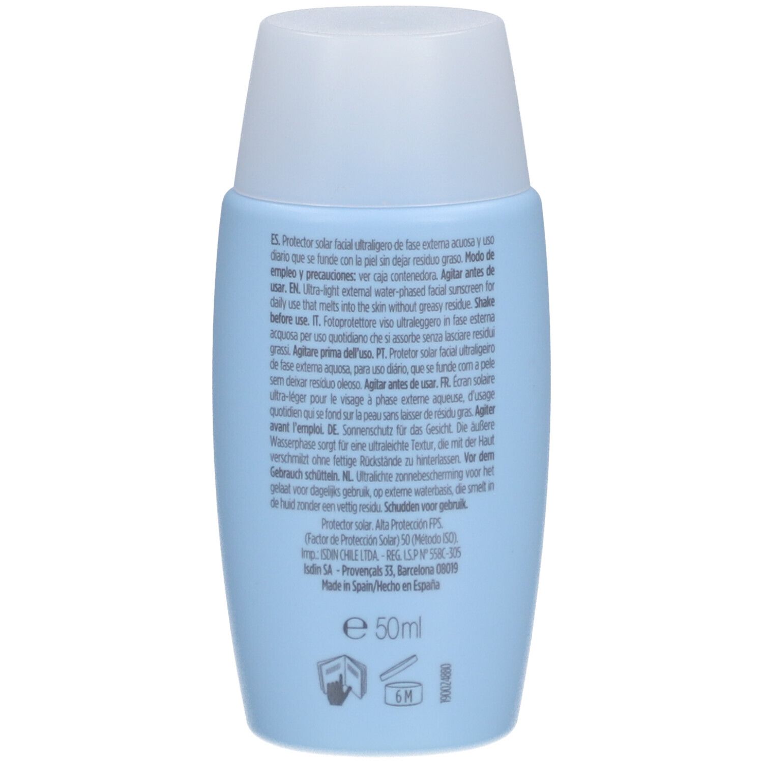 Rückseite der blauen ISDIN Fotoprotector Flasche. Text in mehreren Sprachen.