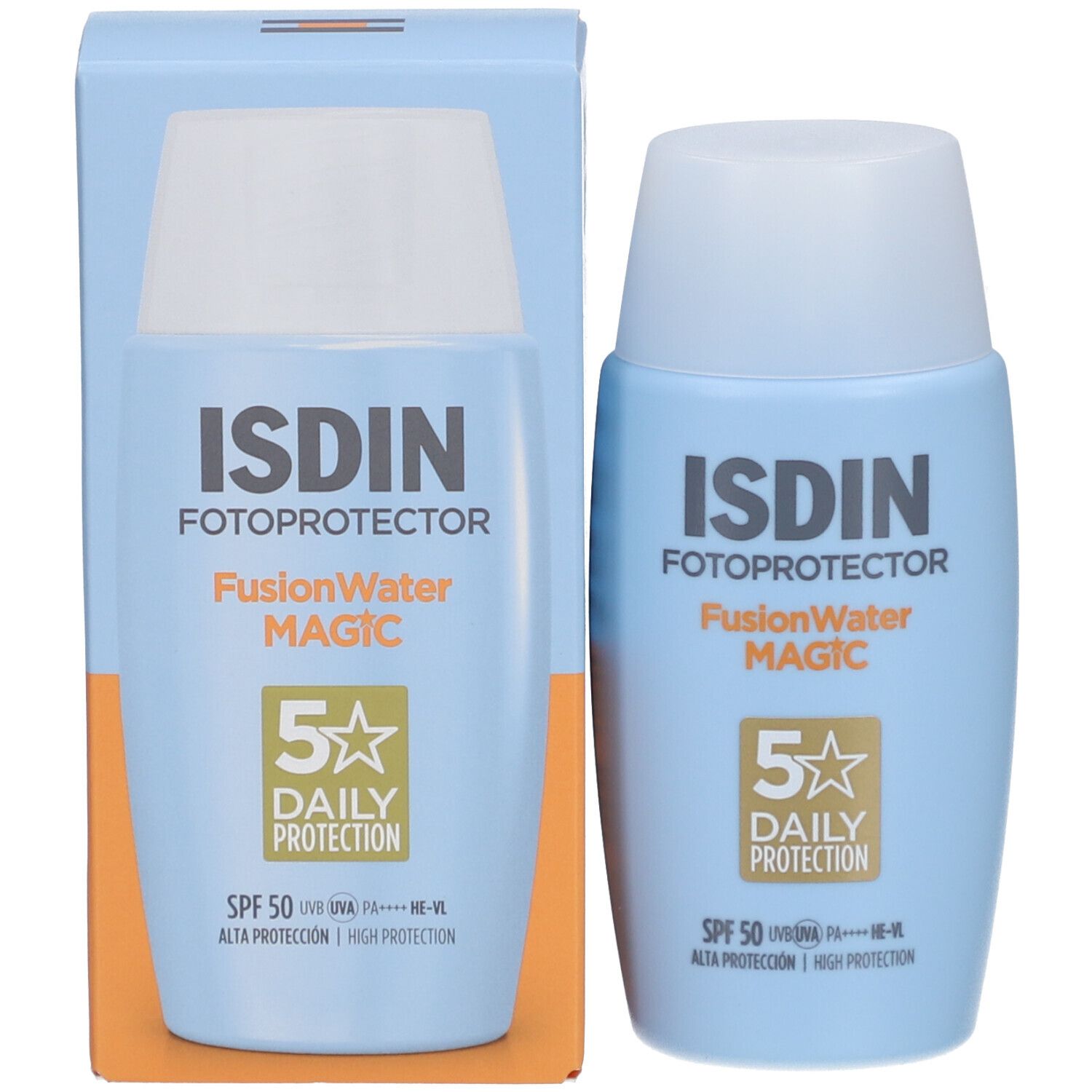 ISDIN Fotoprotector FusionWater MAGIC und Verpackung. SPF 50. Blaue Flasche.