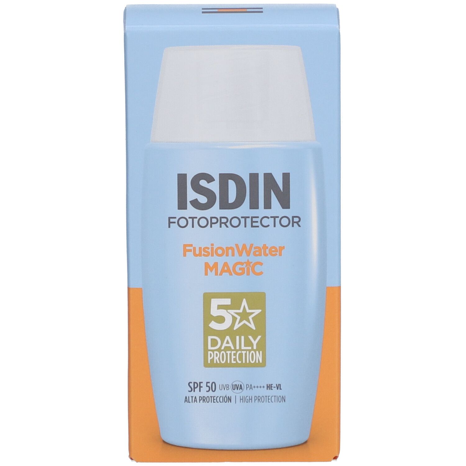 ISDIN Fotoprotector FusionWater MAGIC und Verpackung. Blaue Flasche. SPF 50.