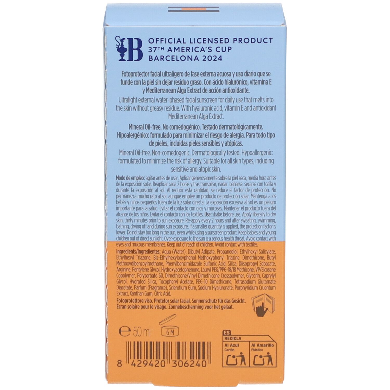 Rückseite der Verpackung von ISDIN Fotoprotector FusionWater MAGIC. Text.