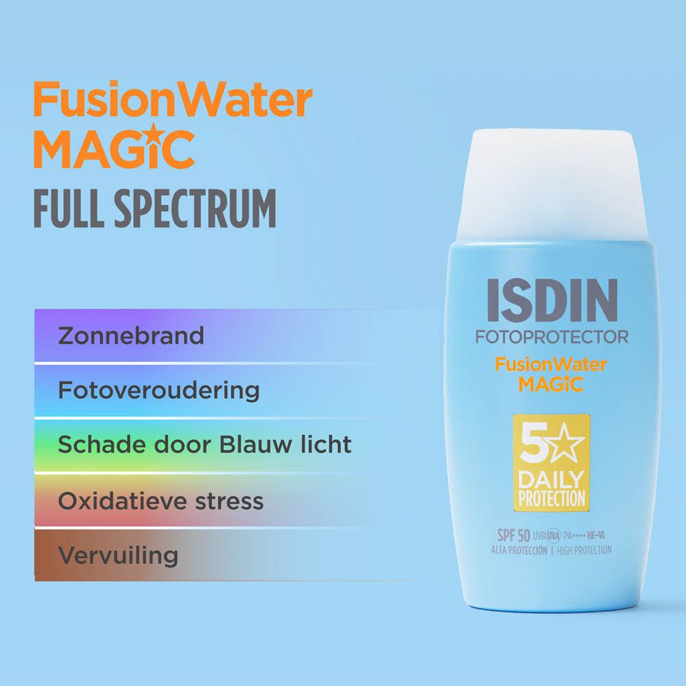 ISDIN Fotoprotector FusionWater Magic. Flacon avec texte: SPF 50, 5x Daily Protection. Texte: Coup de soleil, photo-vieillissement.