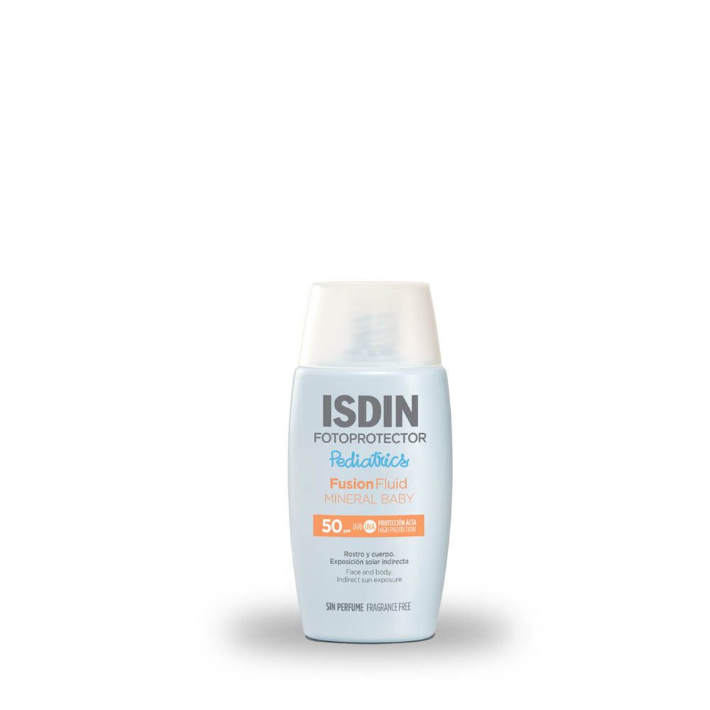 Flacon bleu clair avec bouchon blanc. Inscription: ISDIN Fotoprotector Pediatrics Fusion Fluid Mineral Baby 50+.