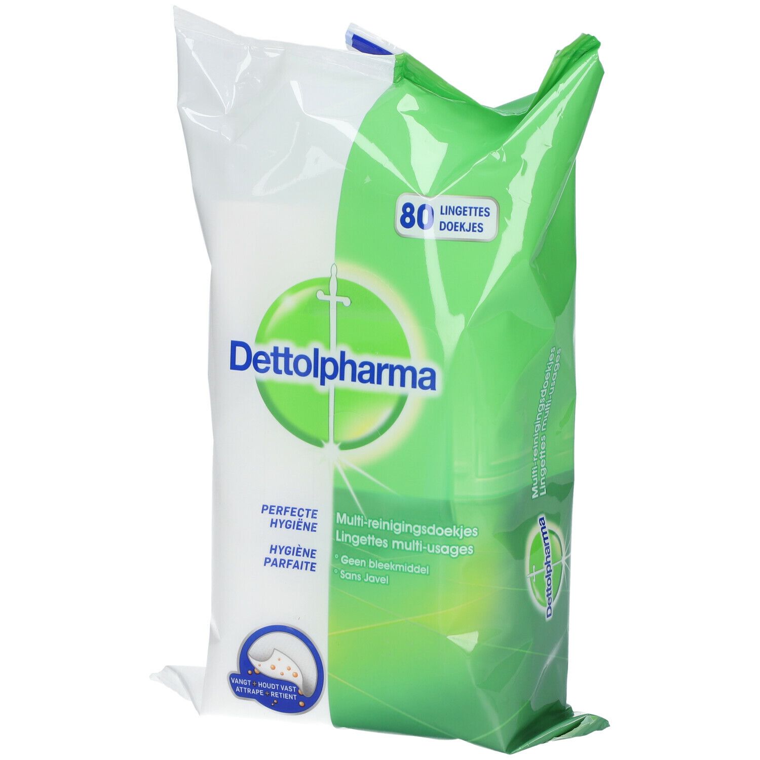 Dettol Pharma Allzwecktücher-Packung. Grün-weiße Verpackung mit Logo und Schriftzug. Enthält 80 Tücher.