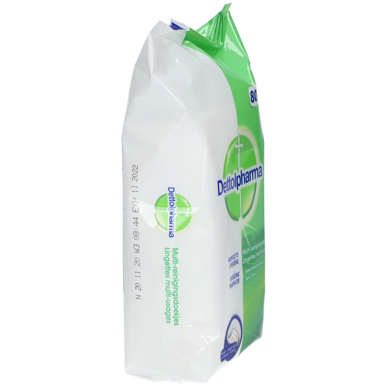 Dettol Pharma Allzwecktücher-Packung, Seitenansicht. Grün-weiße Verpackung mit Logo und Text. Datumsangabe.
