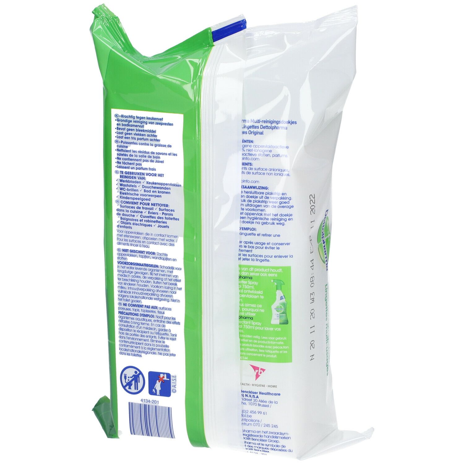 Rückseite der Dettol Pharma Allzwecktücher-Packung. Grün-weiße Verpackung mit Text und Logos. Gebrauchsanweisungen.