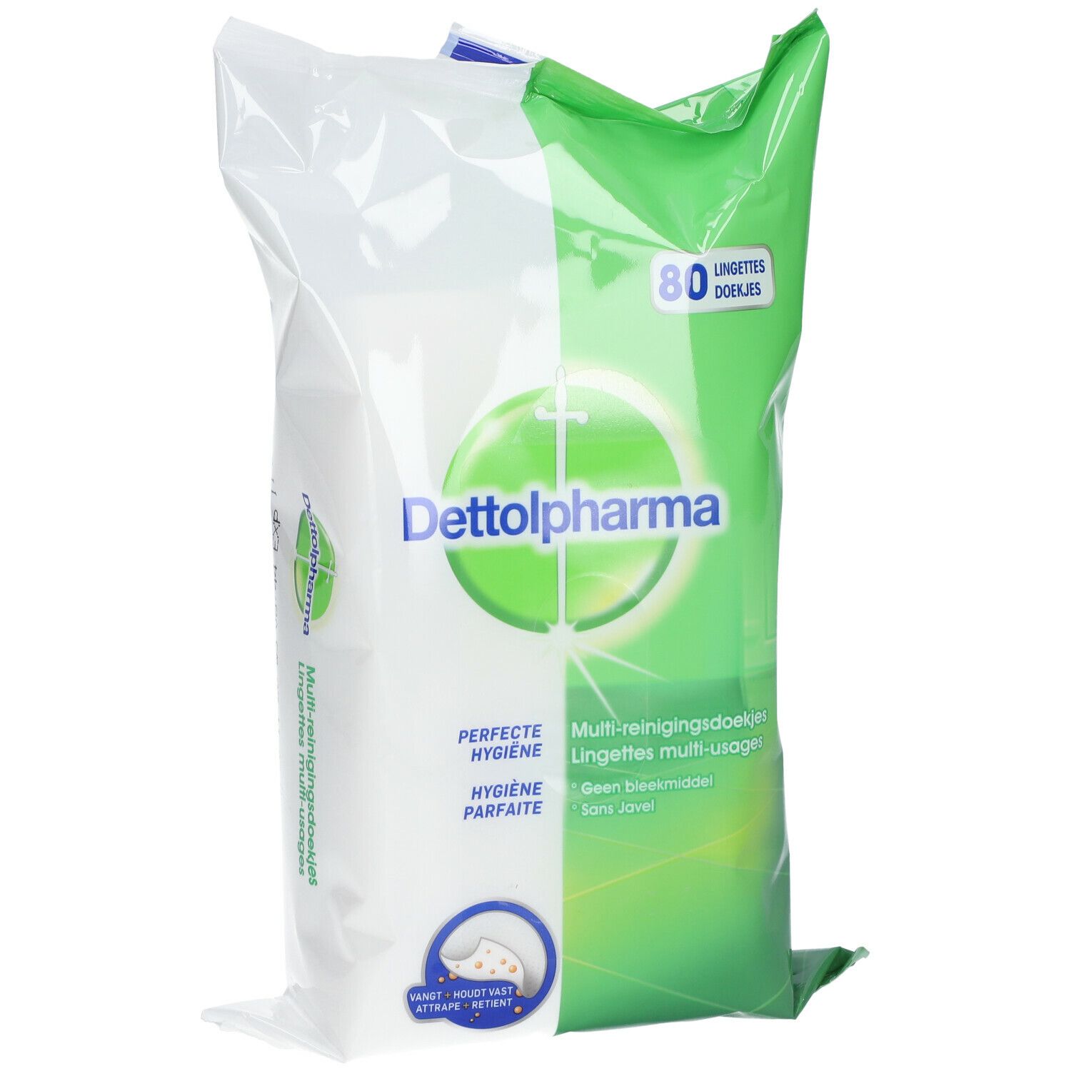 Dettol Pharma Allzwecktücher-Packung. Grün-weiße Verpackung mit Logo und Schriftzug. Enthält 80 Tücher.