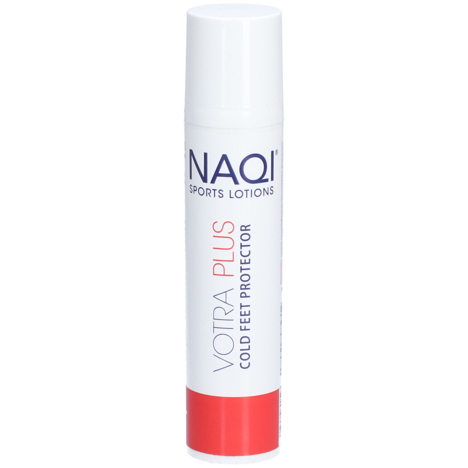 Tube blanche avec base rouge. Inscription: NAQI SPORTS LOTIONS, VOTRA PLUS COLD FEET PROTECTOR.