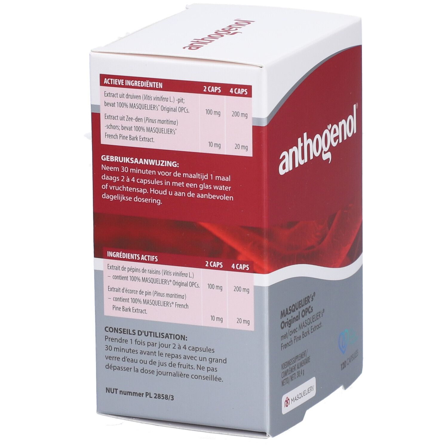 Rückseite der Anthogenol-Verpackung mit Inhaltsstoffen und Anwendungshinweisen.