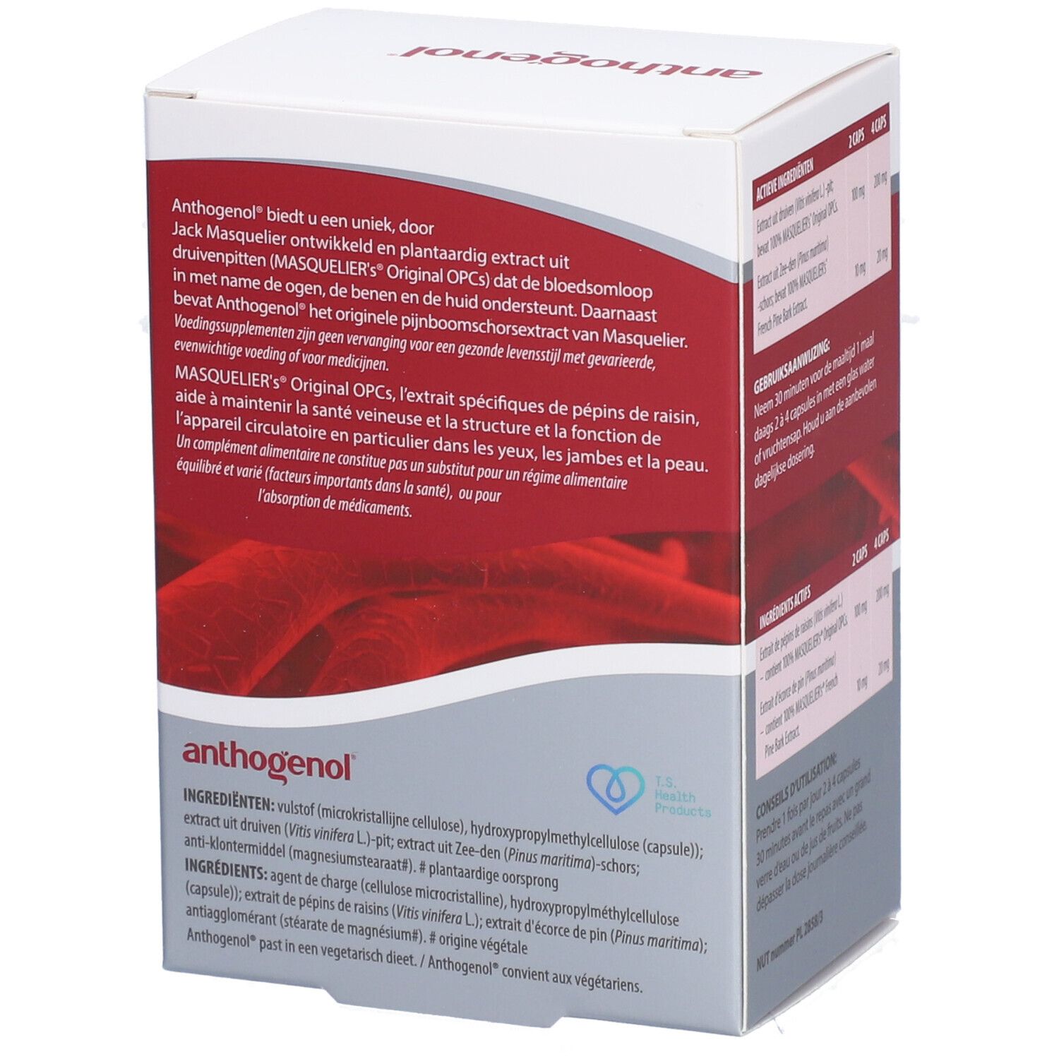 Seitenansicht der Anthogenol-Verpackung mit detaillierten Produktinformationen.