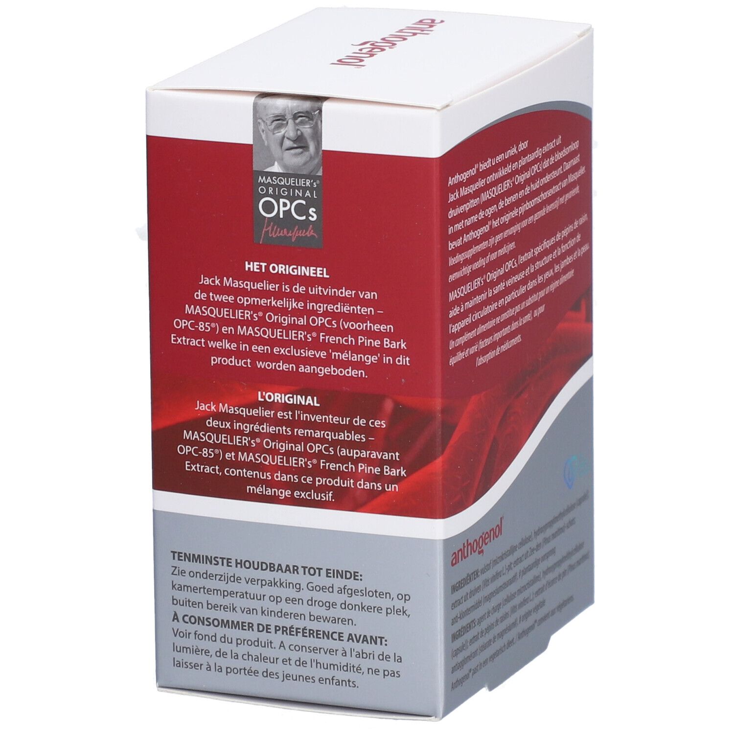 Vorderseite der Anthogenol-Verpackung mit Bild von Jack Masquelier und OPCs-Logo.