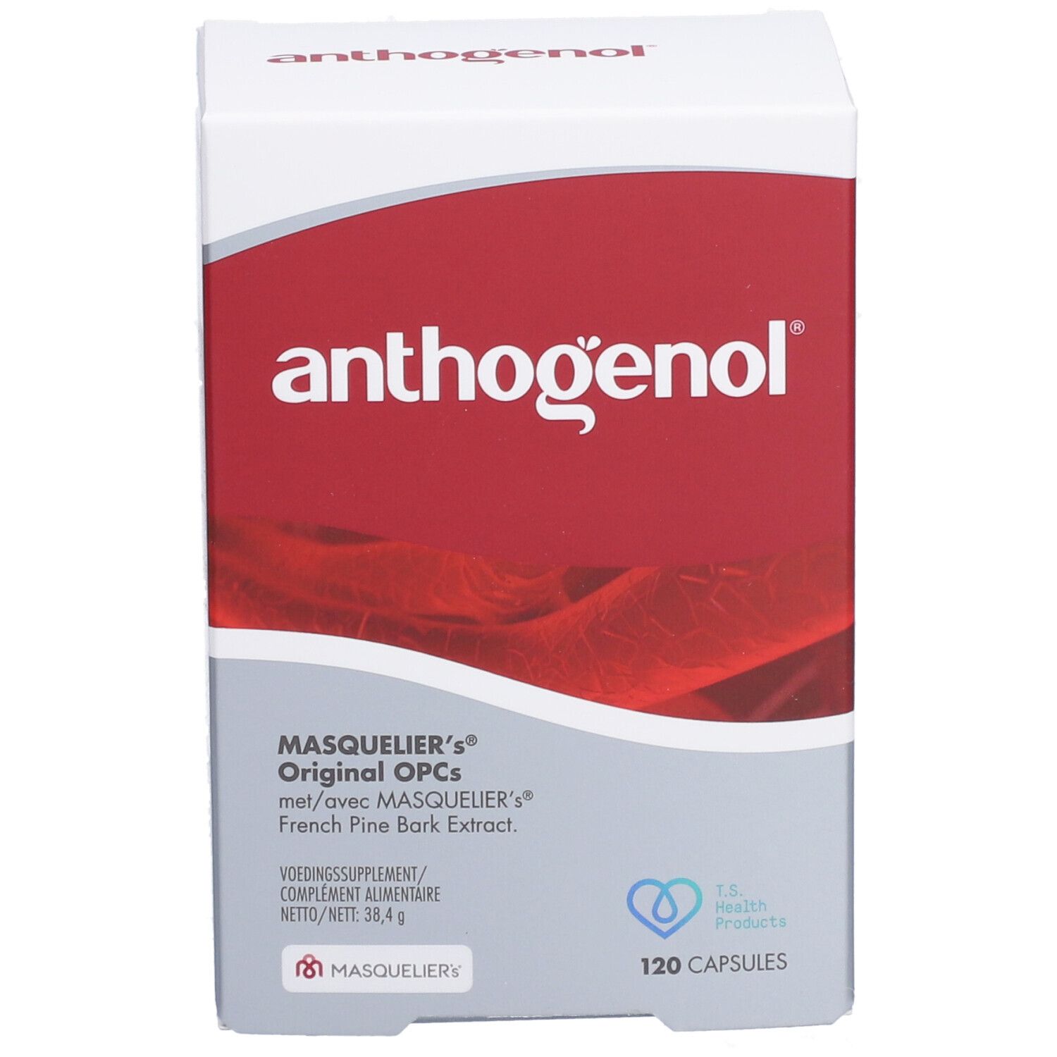 Anthogenol MASQUELIER's Original OPCs Verpackung, Vorderseite mit 120 Kapseln Angabe.